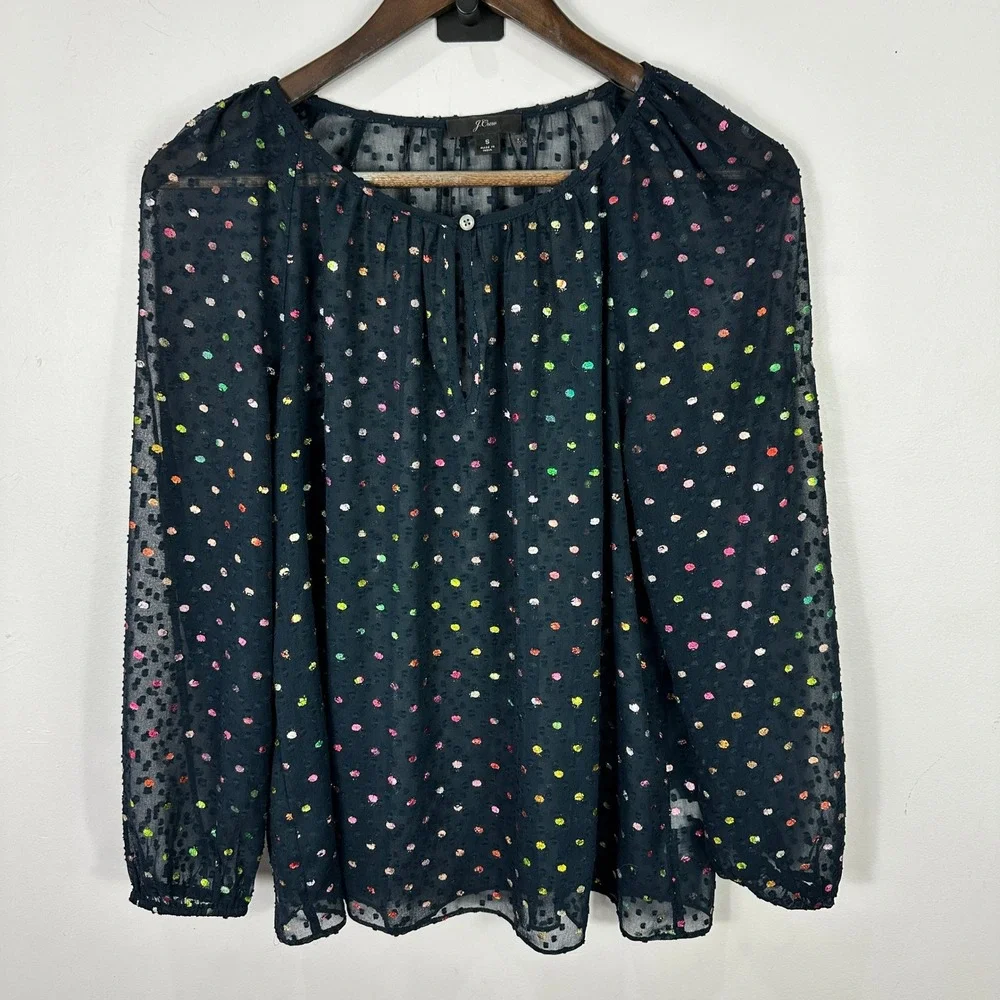 J. Crew Sheer Mesh Polka Dot Top Womens Small Black Flowy Whimsical‎ Layering